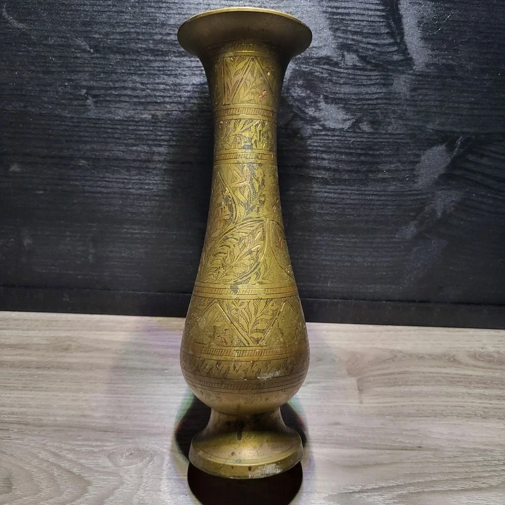 Brass Antique Vase Etched Vintage Solid Indian India Made Engraved Design Vtg